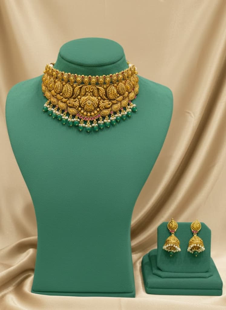 Handcrafted 22k Gold Antique Temple Jewelry Choker Set With Emeralds And Jhumkas