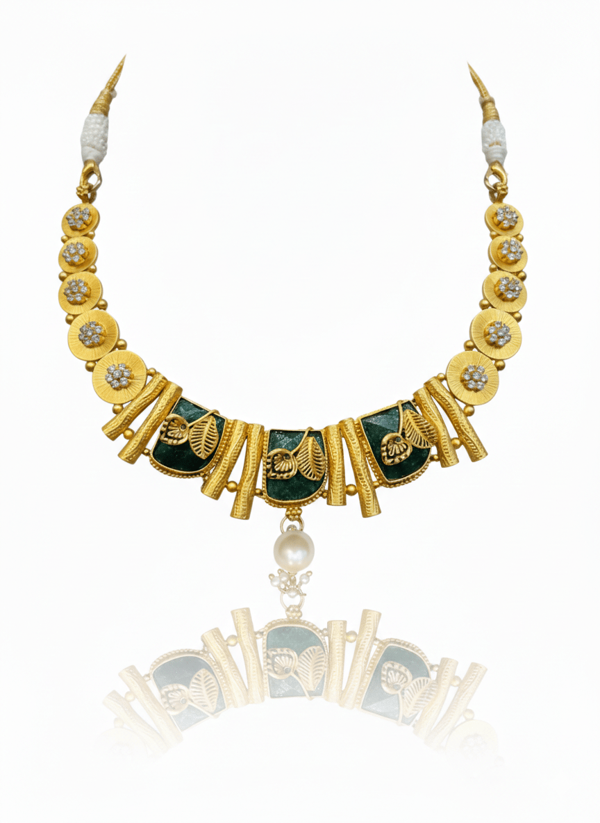 Handcrafted Matte Gold Leaf Motif Bib Necklace And Earrings