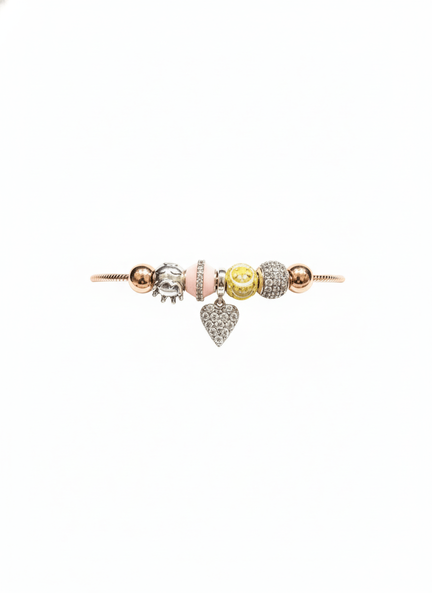 Heart Charm Bracelet Sparkling Pave & Enamel Multi-Charm Snake Chain