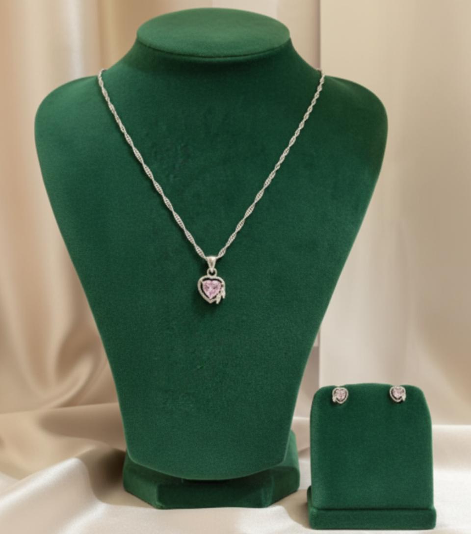 Heart-Shaped Pink Cubic Zirconia Stone Necklace With Sterling Silver Rope Chain