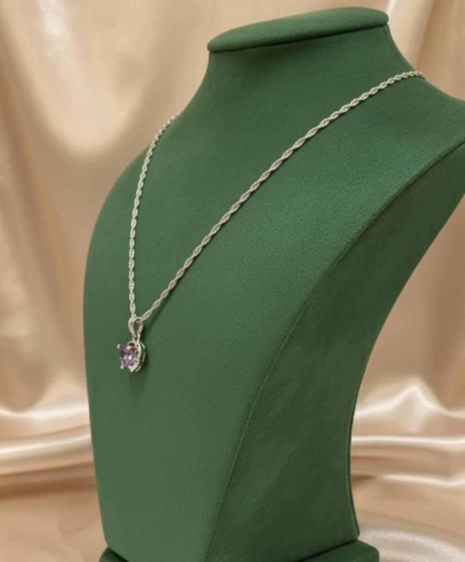 Heart-Shaped Pink Cubic Zirconia Stone Necklace With Sterling Silver Rope Chain - Image 2