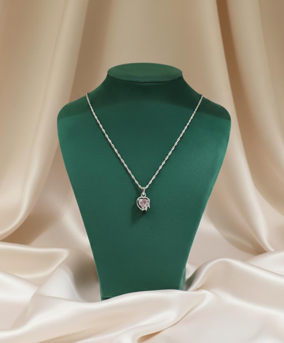 Heart-Shaped Pink Cubic Zirconia Stone Necklace With Sterling Silver Rope Chain - Image 3