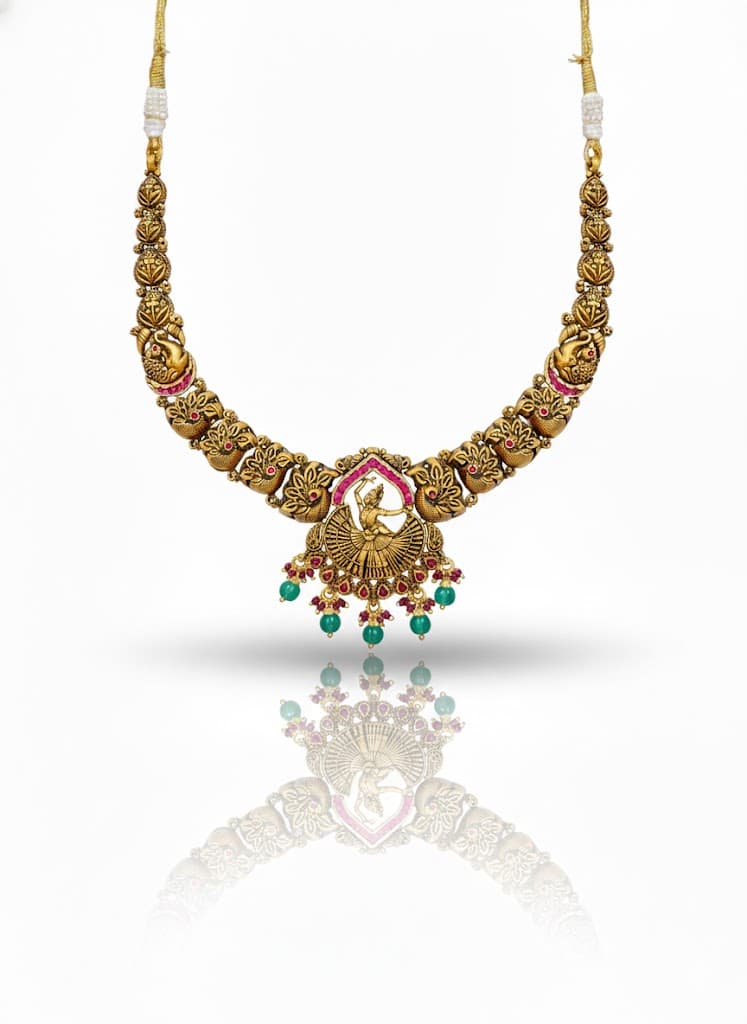Heritage Gold Antique Temple Jewelry Set With Dancing Deity Pendant And Peacock Motifs.