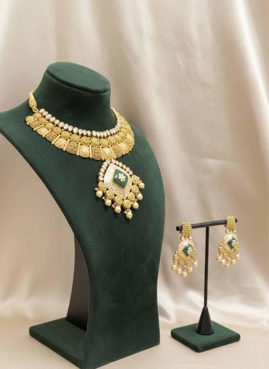 Jaipuri Meenakari & Gold Polki Set With Statement Emerald Pendant - Image 2