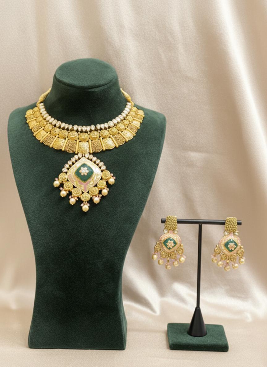 Jaipuri Meenakari & Gold Polki Set With Statement Emerald Pendant