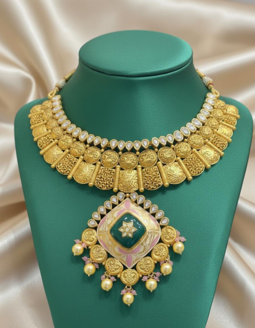 Jaipuri Meenakari & Gold Polki Set With Statement Emerald Pendant - Image 3