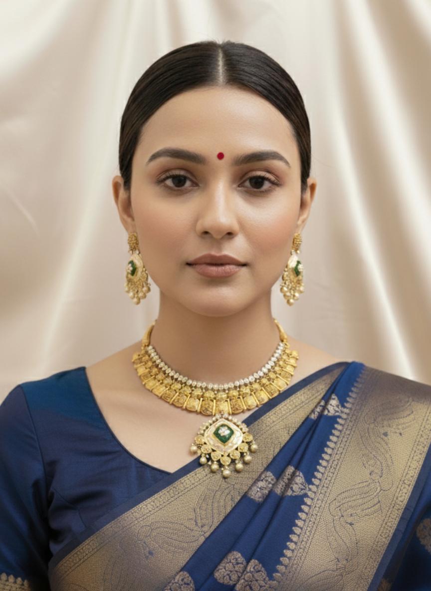 Jaipuri Meenakari & Gold Polki Set With Statement Emerald Pendant - Image 4