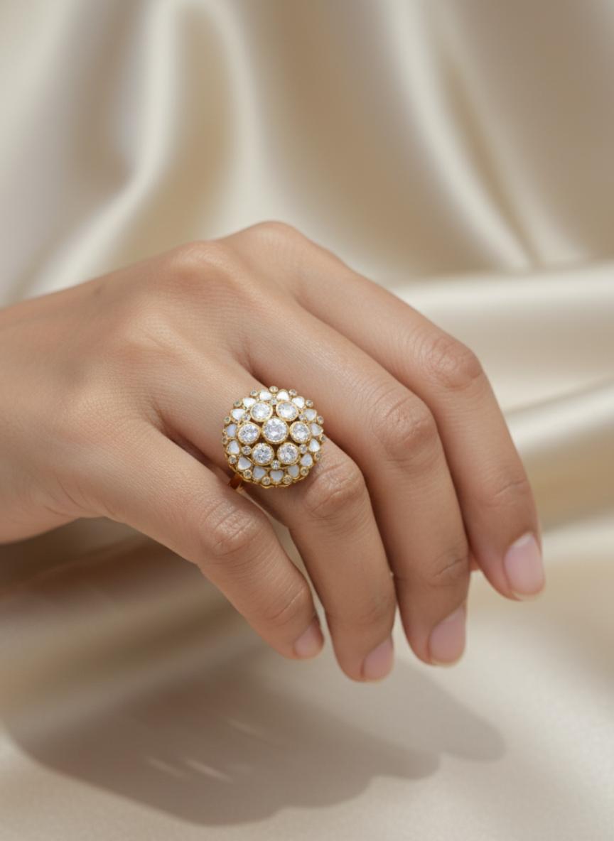 Kundan Style White Stone Silver Statement Ring - Image 3