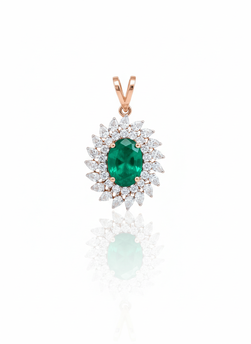 Luxury 14k Gold Real Diamond & Oval Emerald Pendant