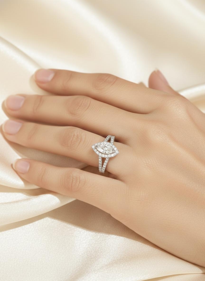 Marquise Cubic Zircon Halo Split Band  Statement Ring - Image 4