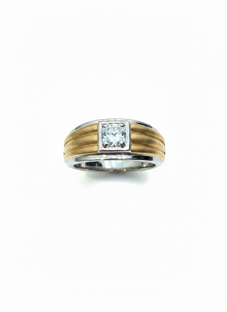 Men's 14k Dual-Tone Gold Real Diamond Solitaire Band With Rhodium Finish