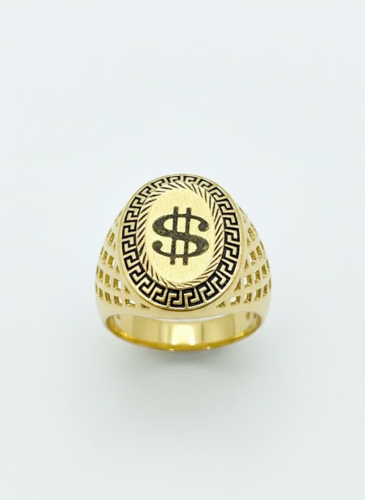 Men's 22k Gold Dollar Symbol Signet Ring With Greek Key Border