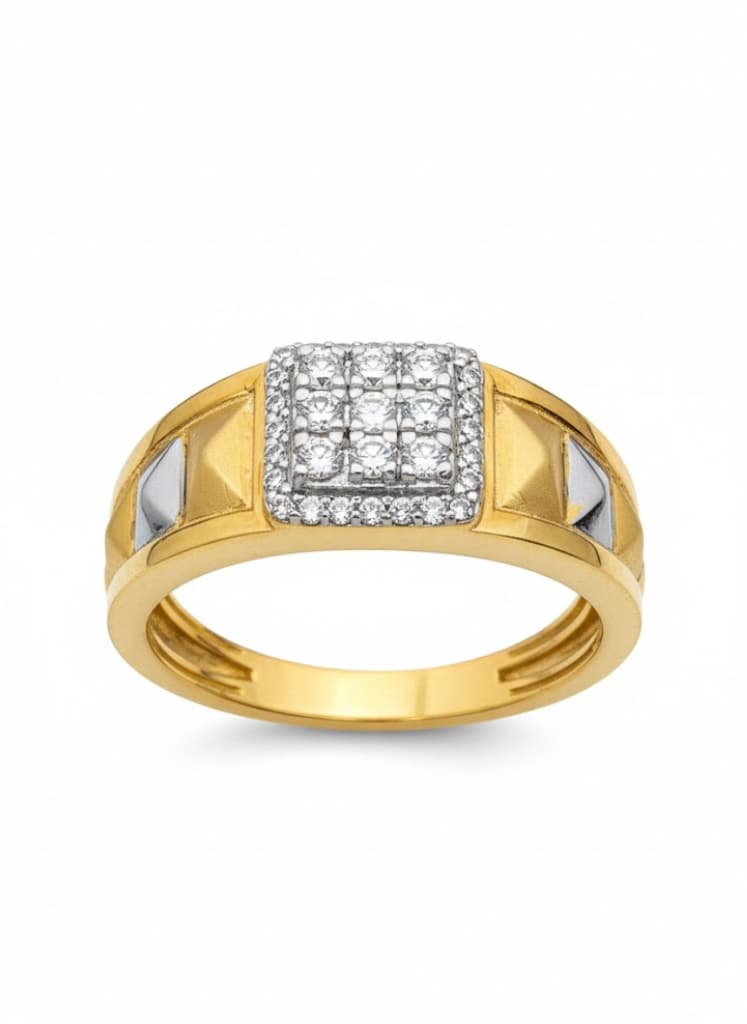 Men's 22k Gold Dual-Tone Square Cluster Diamond Signet Ring With Geometric Accents