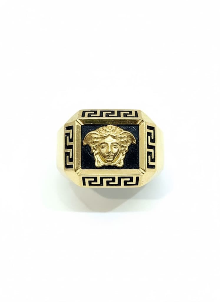 Men's 22k Gold Medusa Signet Ring With Greek Key Border & Black Inlay