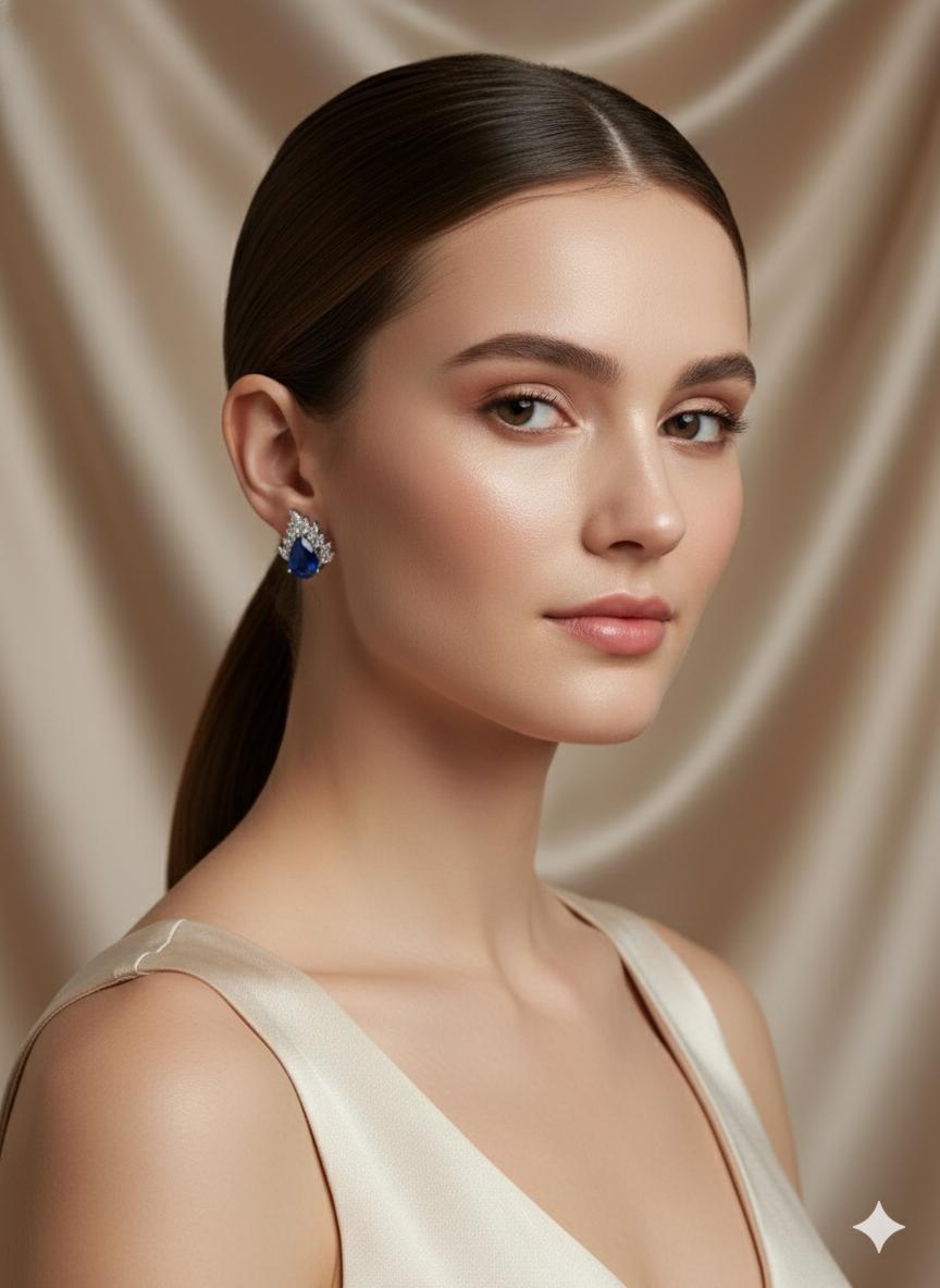 Blue Sapphire & Cubic Zirconia Halo Sterling Silver Stud Earrings - Image 4