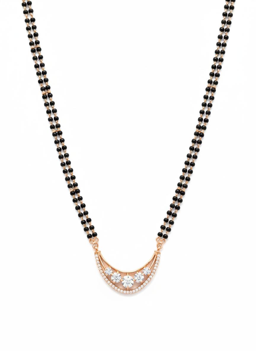 Modern 14k Gold Crescent Real Diamond Mangalsutra With Double-Layer Beads