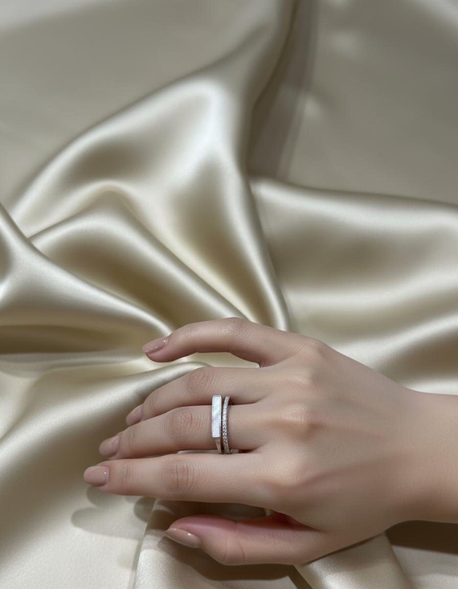Modern 925 Silver Mother Of Pearl Bar Ring With Cubic Zirconia - Image 4