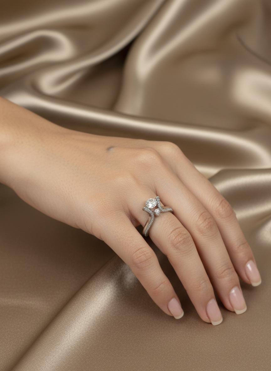 Modern Curved  Cubic Zirconia Solitaire Pave Ring  - Image 3