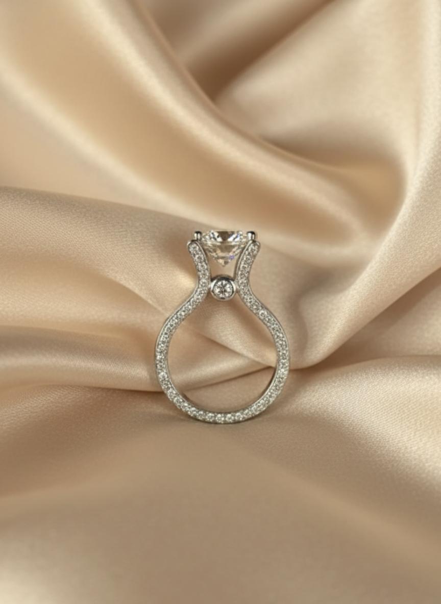 Modern Curved  Cubic Zirconia Solitaire Pave Ring 