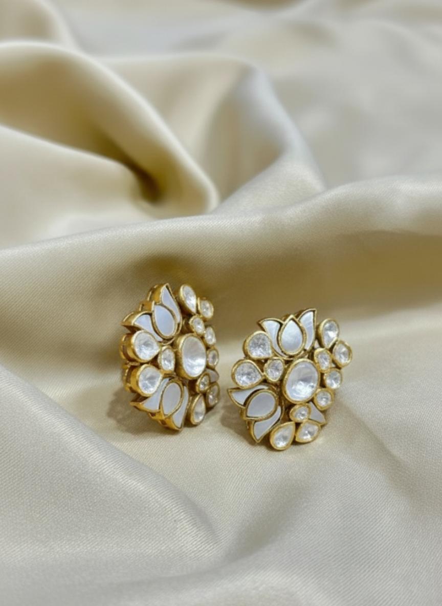 Mother Of Pearl Moissanite Polki Floral Studs - Image 3