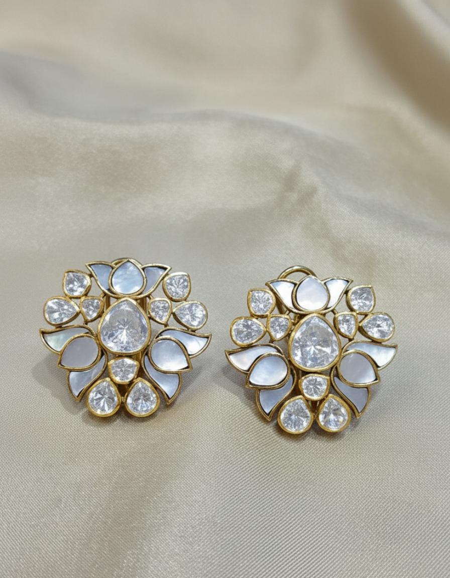 Mother Of Pearl Moissanite Polki Floral Studs