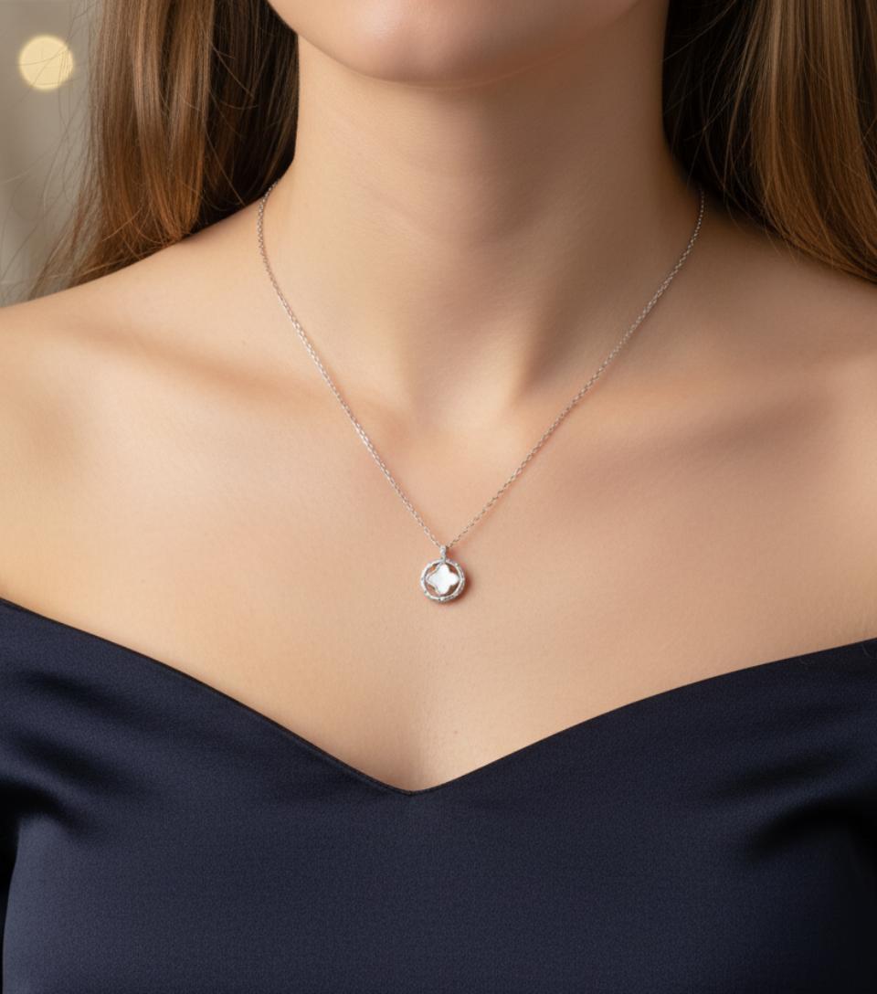 Mother Of Pearl Flower Cubic Zirconia Pendant Silver - Image 4