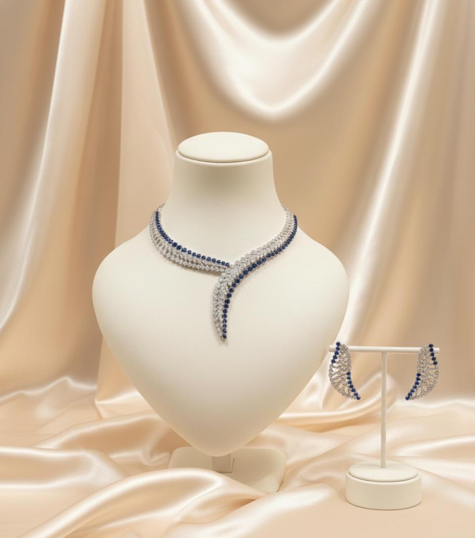Pave Diamond & Sapphire Style Wave Necklace Set