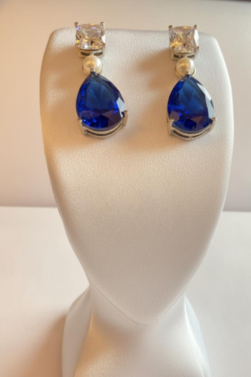 Premium Cubic Zirconia & Blue Sapphire Look Dangle Earrings With Cultured Pearl Accent - Image 3