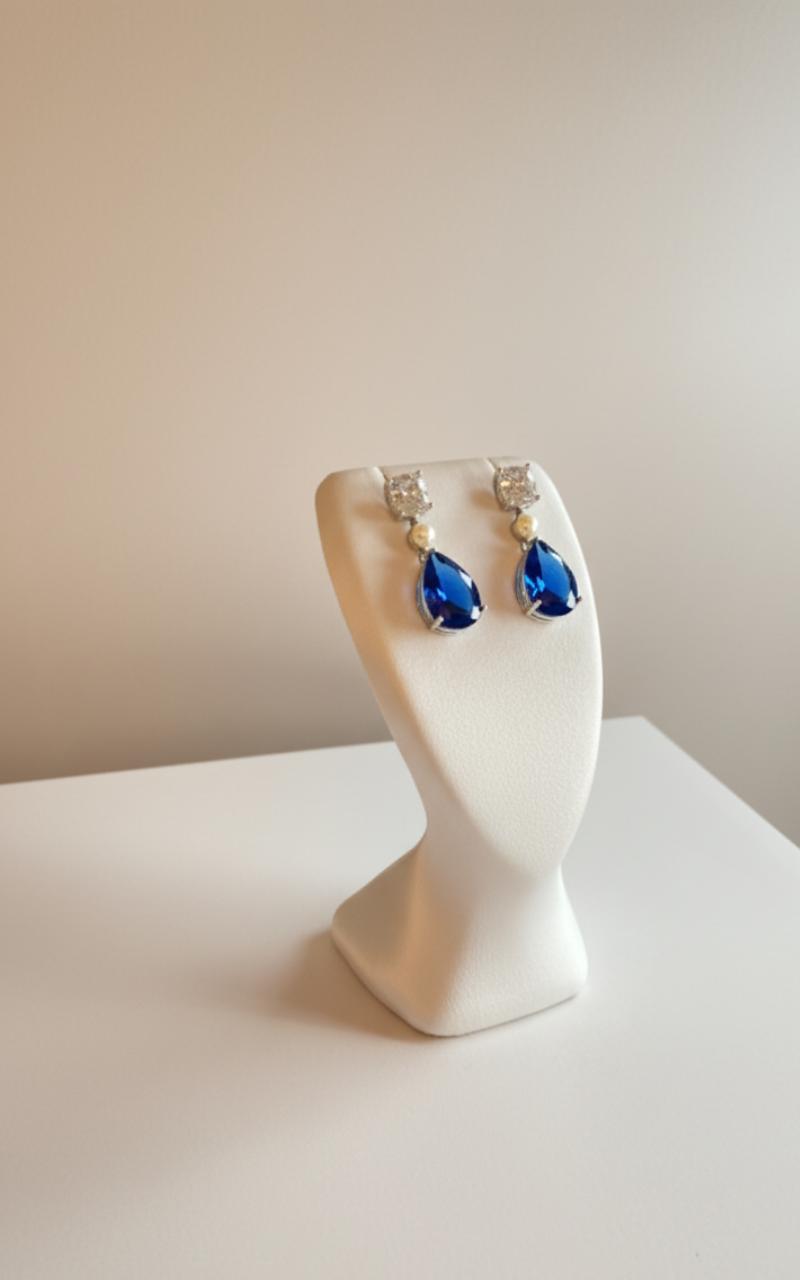 Premium Cubic Zirconia & Blue Sapphire Look Dangle Earrings With Cultured Pearl Accent - Image 2