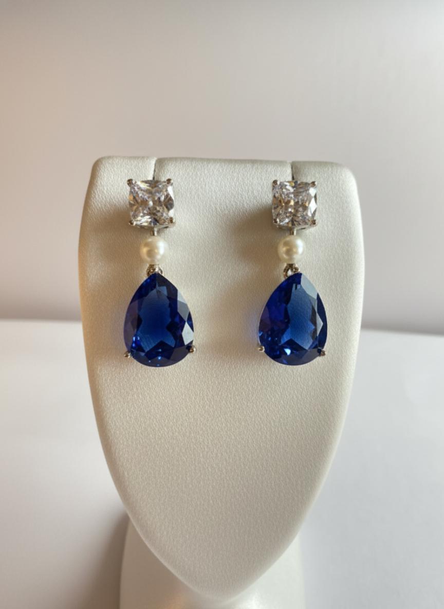 Premium Cubic Zirconia & Blue Sapphire Look Dangle Earrings With Cultured Pearl Accent