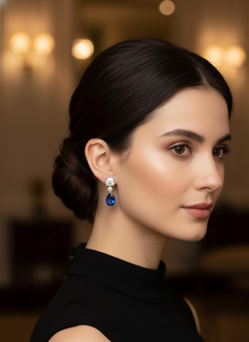 Premium Cubic Zirconia & Blue Sapphire Look Dangle Earrings With Cultured Pearl Accent - Image 4