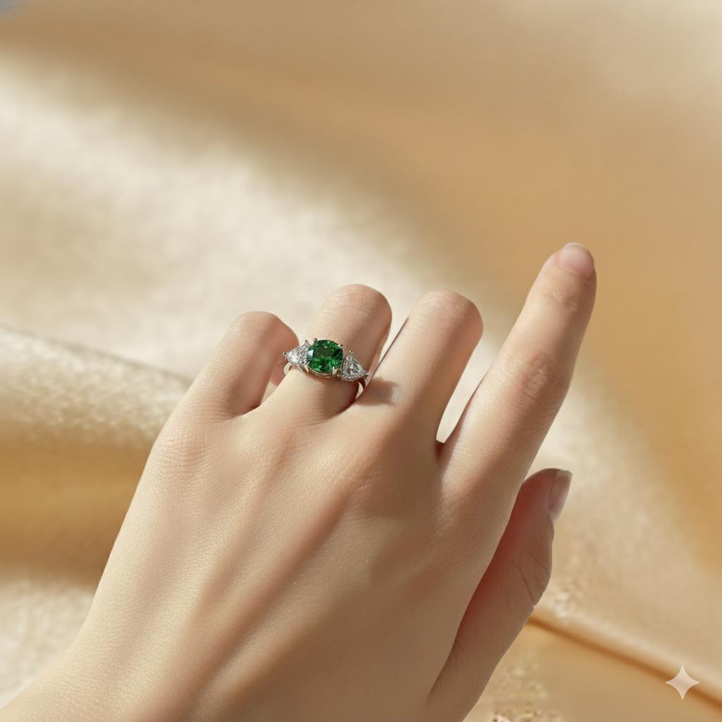 Premium Cubic Zirconia Green Trilogy Ring - Image 3