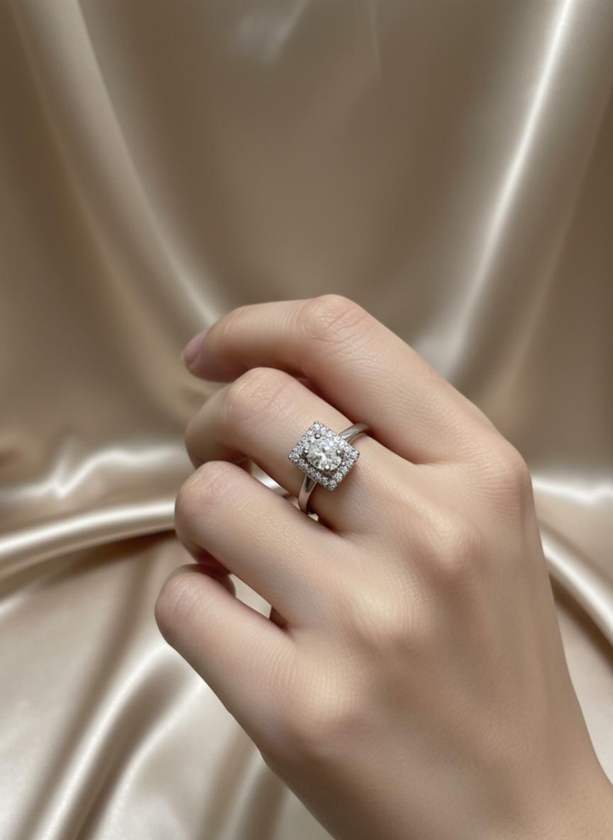 Premium Oval Cubic Zirconia Halo Square Frame Ring - Image 4