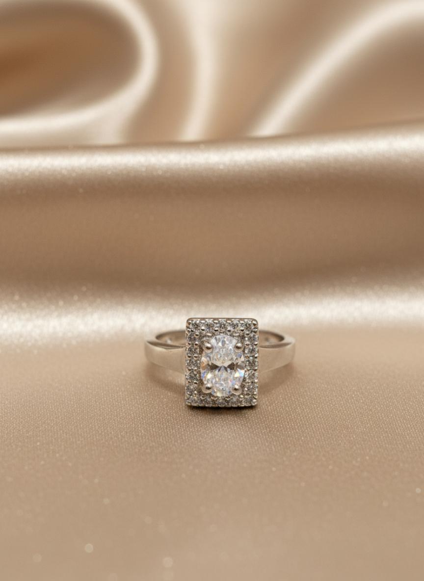 Premium Oval Cubic Zirconia Halo Square Frame Ring