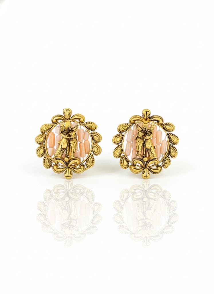 Radha Krishna 22k Gold Stud Earrings With Pink Coral Beads And Filigree Frame