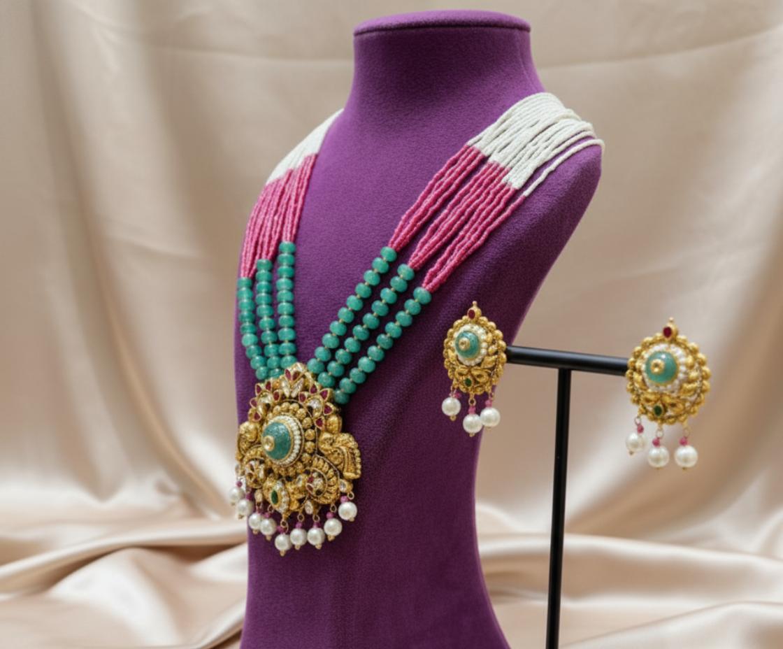 Rajputi Style Beaded Haar With Grand Meenakari Pendant - Image 4