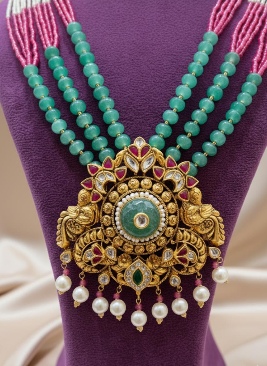 Rajputi Style Beaded Haar With Grand Meenakari Pendant - Image 3