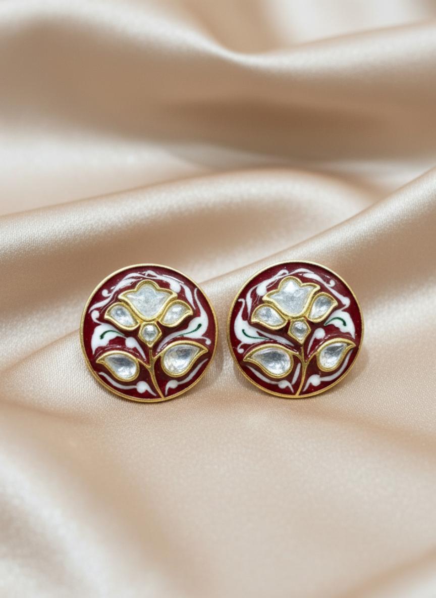 Maroon Enamel Lotus Moissanite Polki Stud