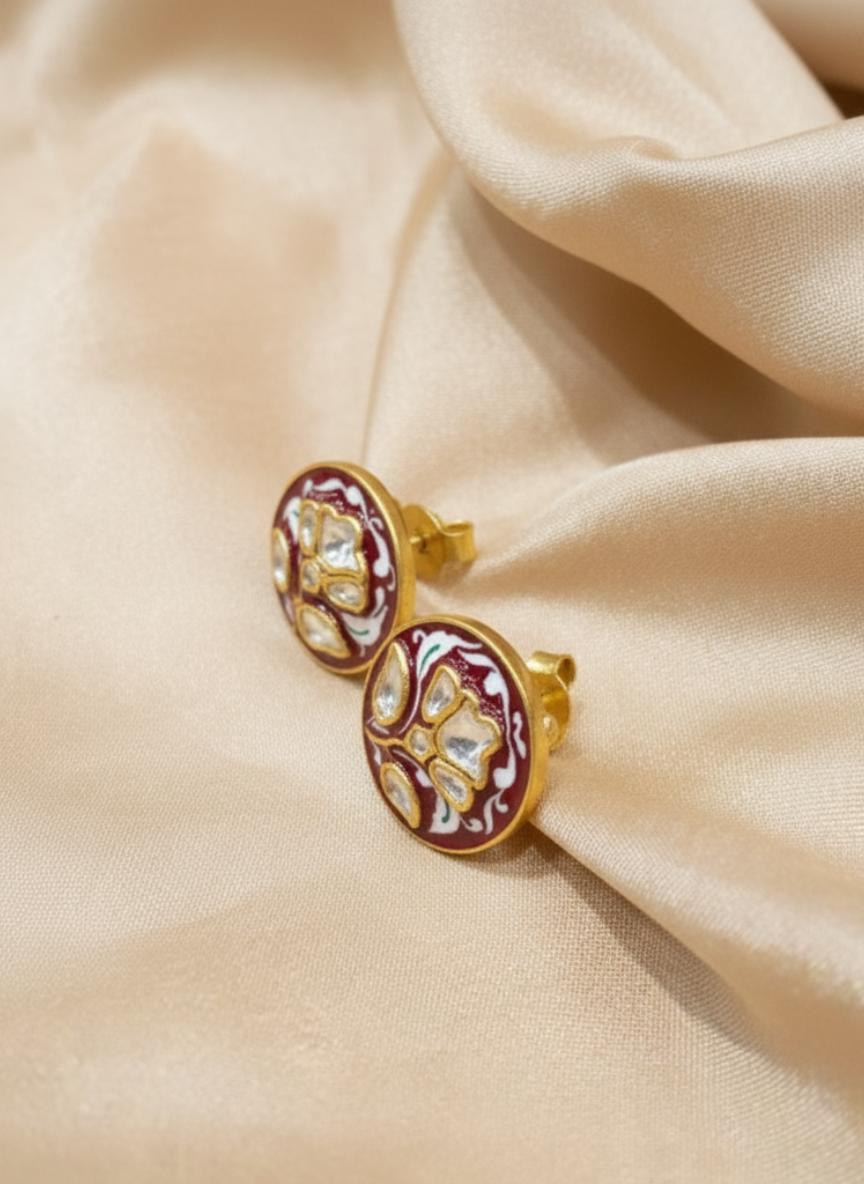 Maroon Enamel Lotus Moissanite Polki Stud - Image 2