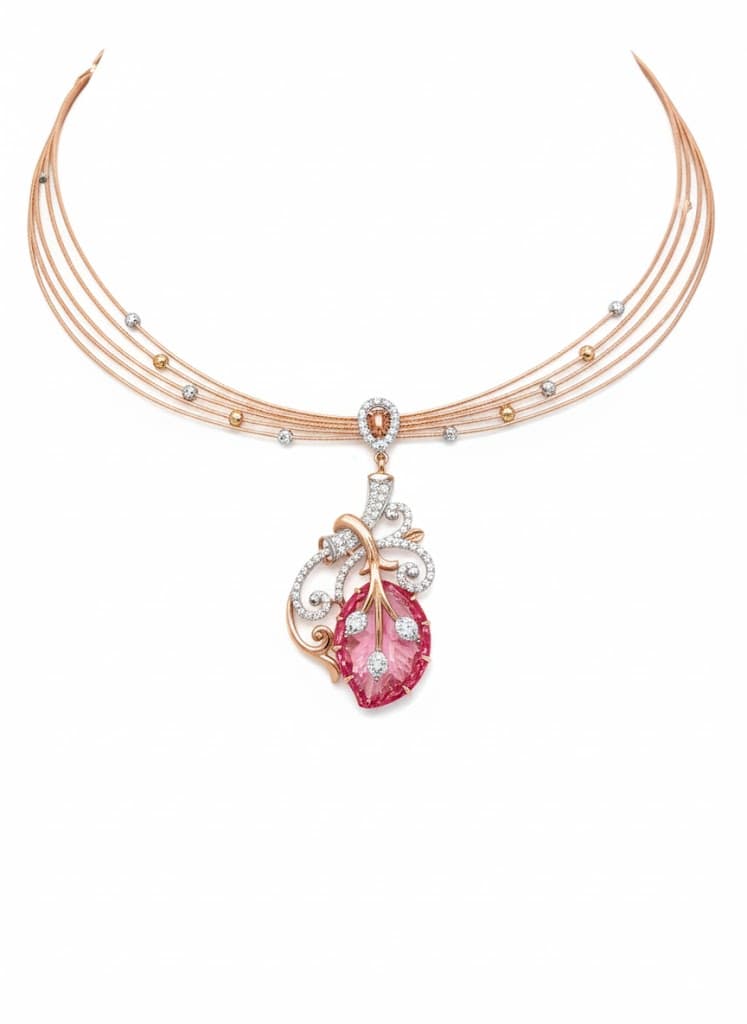 Rose Gold Carved Pink Gemstone And Diamond Floral Statement Set