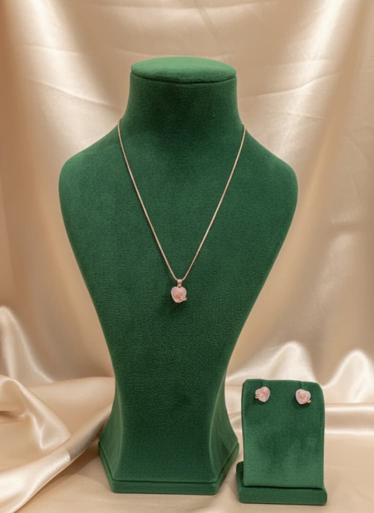 Rose Gold Plated Pave Heart Necklace & Stud Set