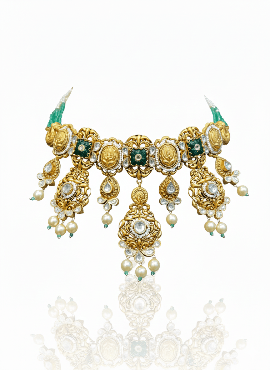 Royal Kundan Choker Necklace With Emerald Accents And Matching Earrings