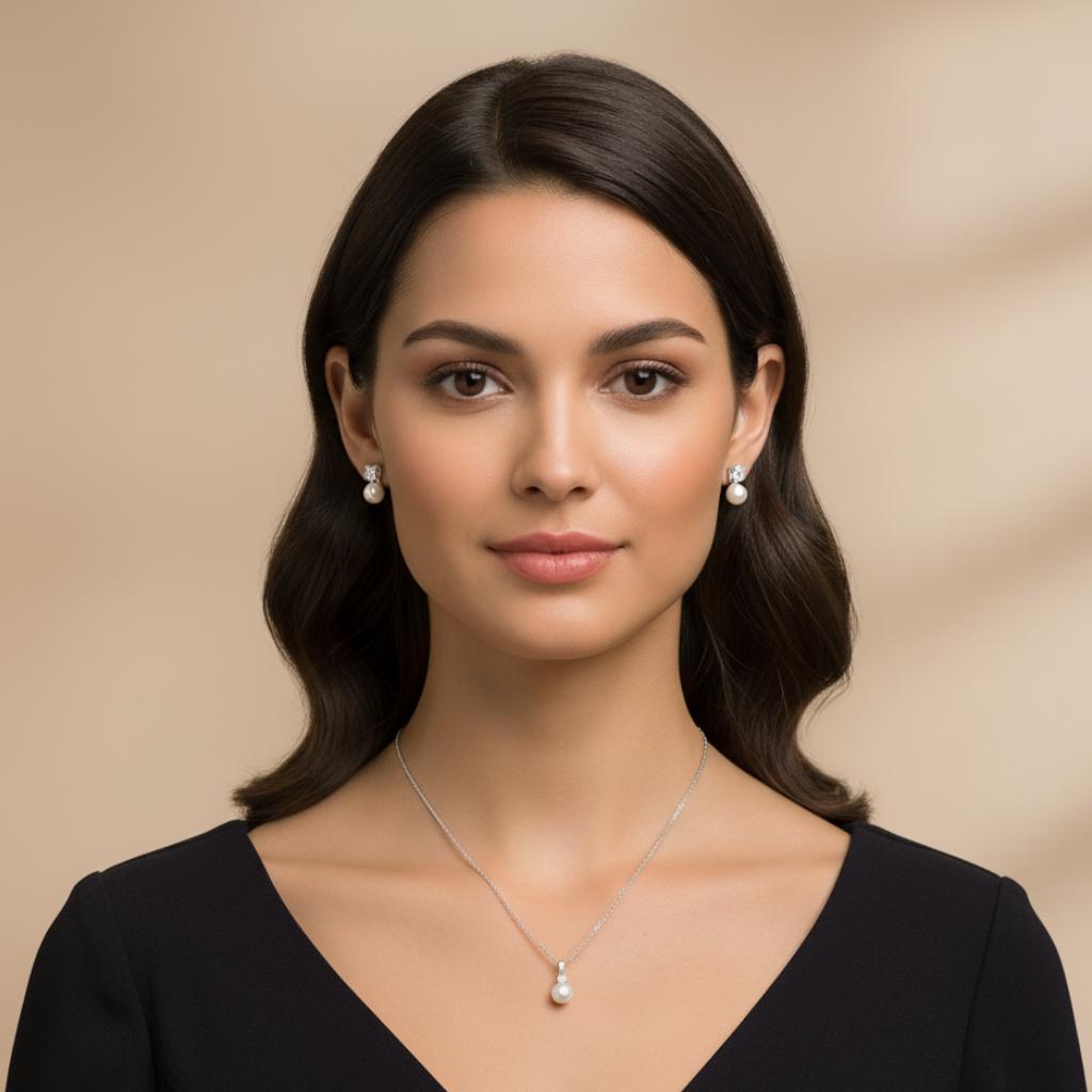 Drop Pearl Pendant Cubic Zirconia Bail Rope Chain With Earing  - Image 4