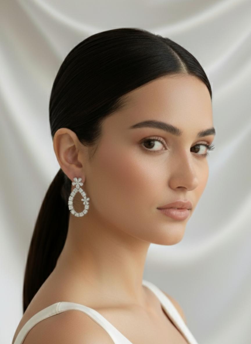  Cubic Zirconia Floral Pave Teardrop Dangle Earrings - Image 3