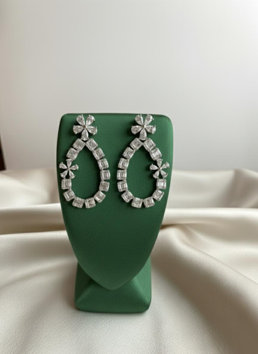 Cubic Zirconia Floral Pave Teardrop Dangle Earrings