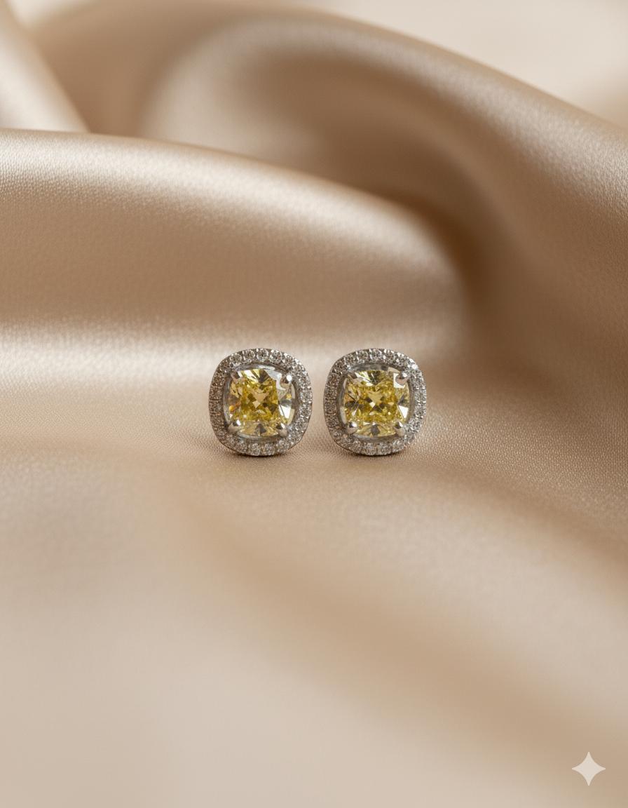 Cushion Halo Studs With Vivid Yellow Cubic Zirconia