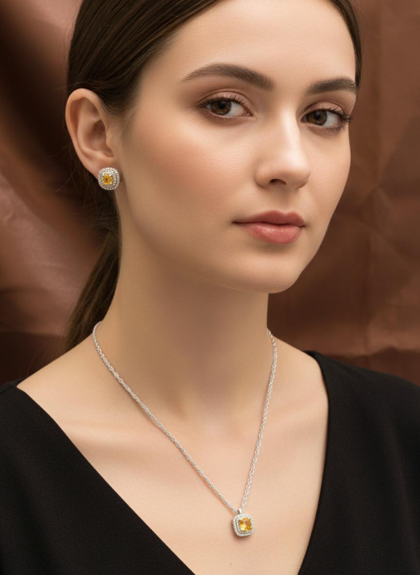 Halo Pendant Stud Earring Set With Rope Chain - Image 4