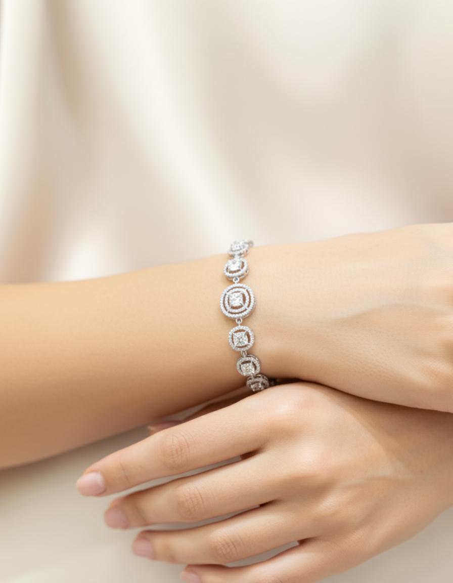 Statement Cubic Zirconia Round & Square Design Bracelet - Image 4
