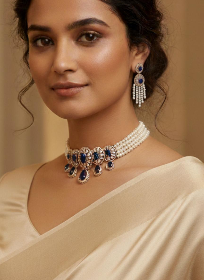 Statement Designer Diamond Rose Gold Choker With Royal Blue Stone & Pearl Tassels - Image 5