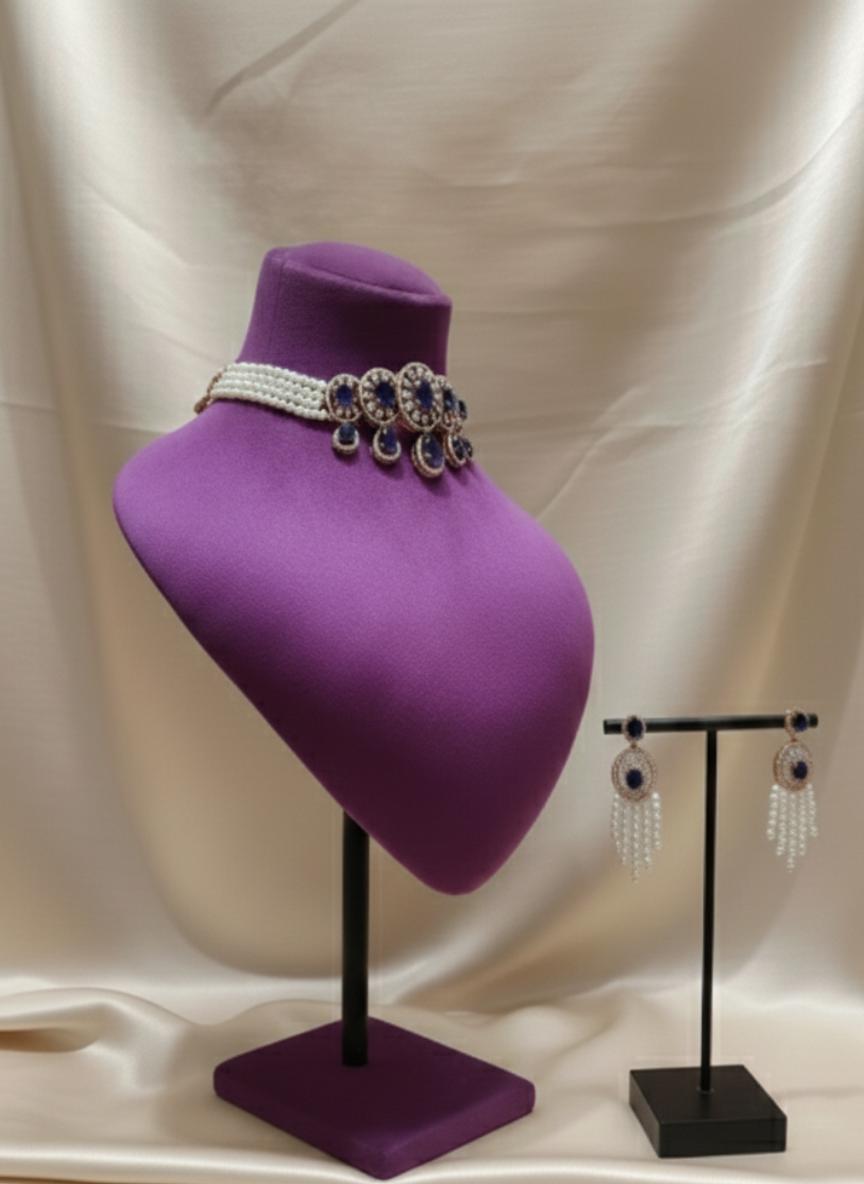 Statement Designer Diamond Rose Gold Choker With Royal Blue Stone & Pearl Tassels - Image 6